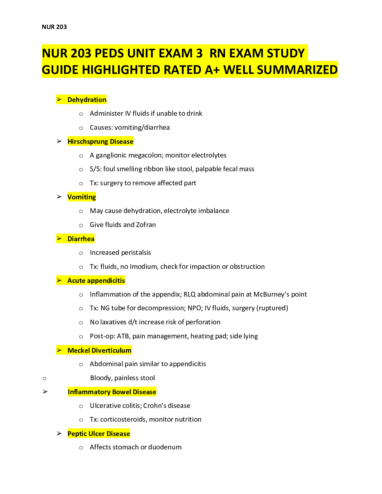 Preview image for NUR 203 PEDS UNIT EXAM 3  RN EXAM STUDY GUIDE HIGHLIGHTED RATED A+ WELL SUMMARIZED